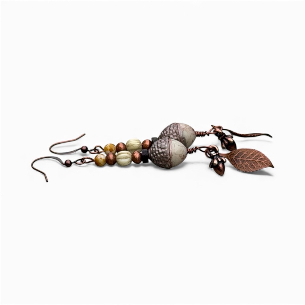Handcrafted Elegant Copper Leaf Acorn Dangle Earrings - Picture 6 of 11